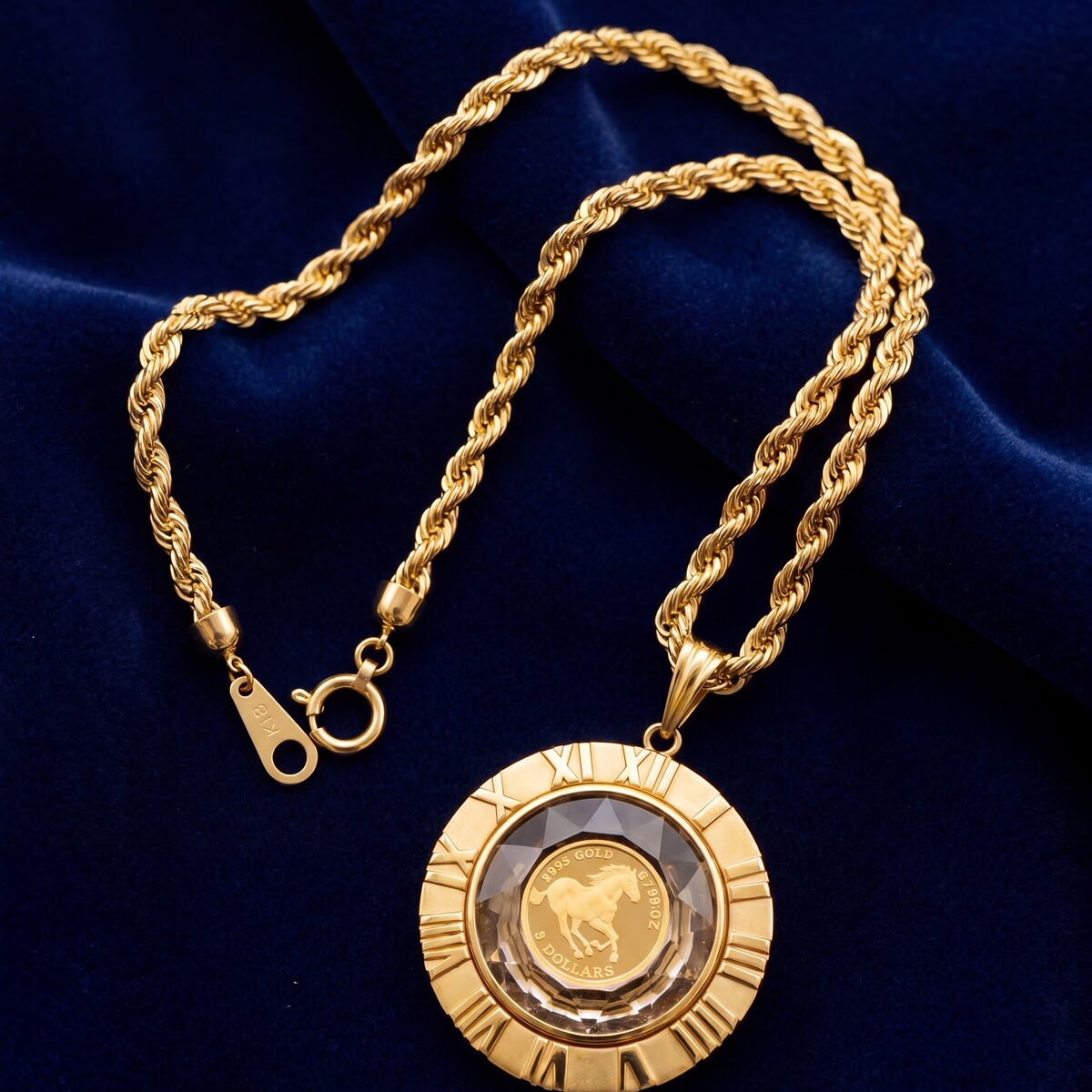 Tuvalu Horse Gold Coin Roman Numeral Pendant Necklace — photograph 1