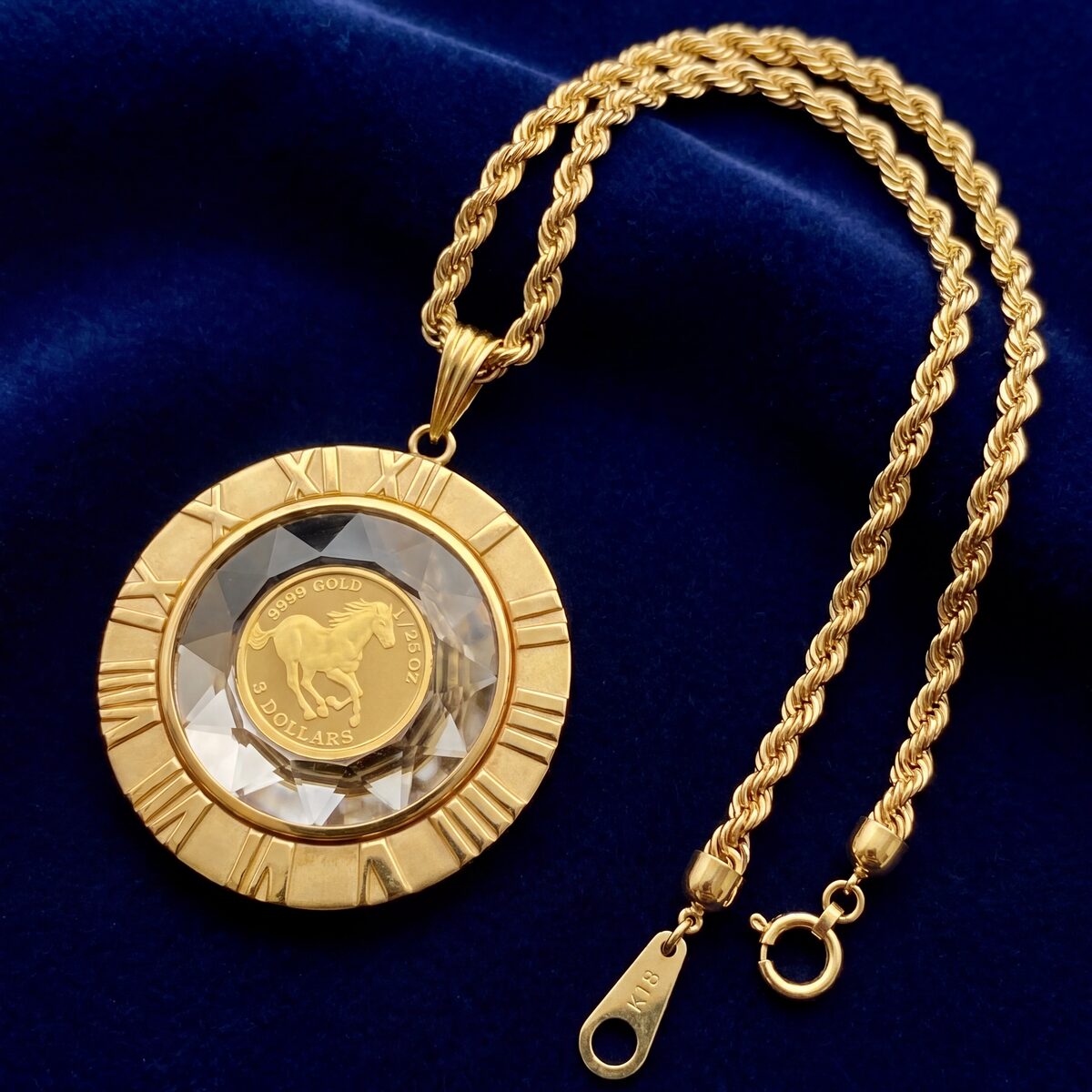 Tuvalu Horse Gold Coin Roman Numeral Pendant Necklace — photograph 2