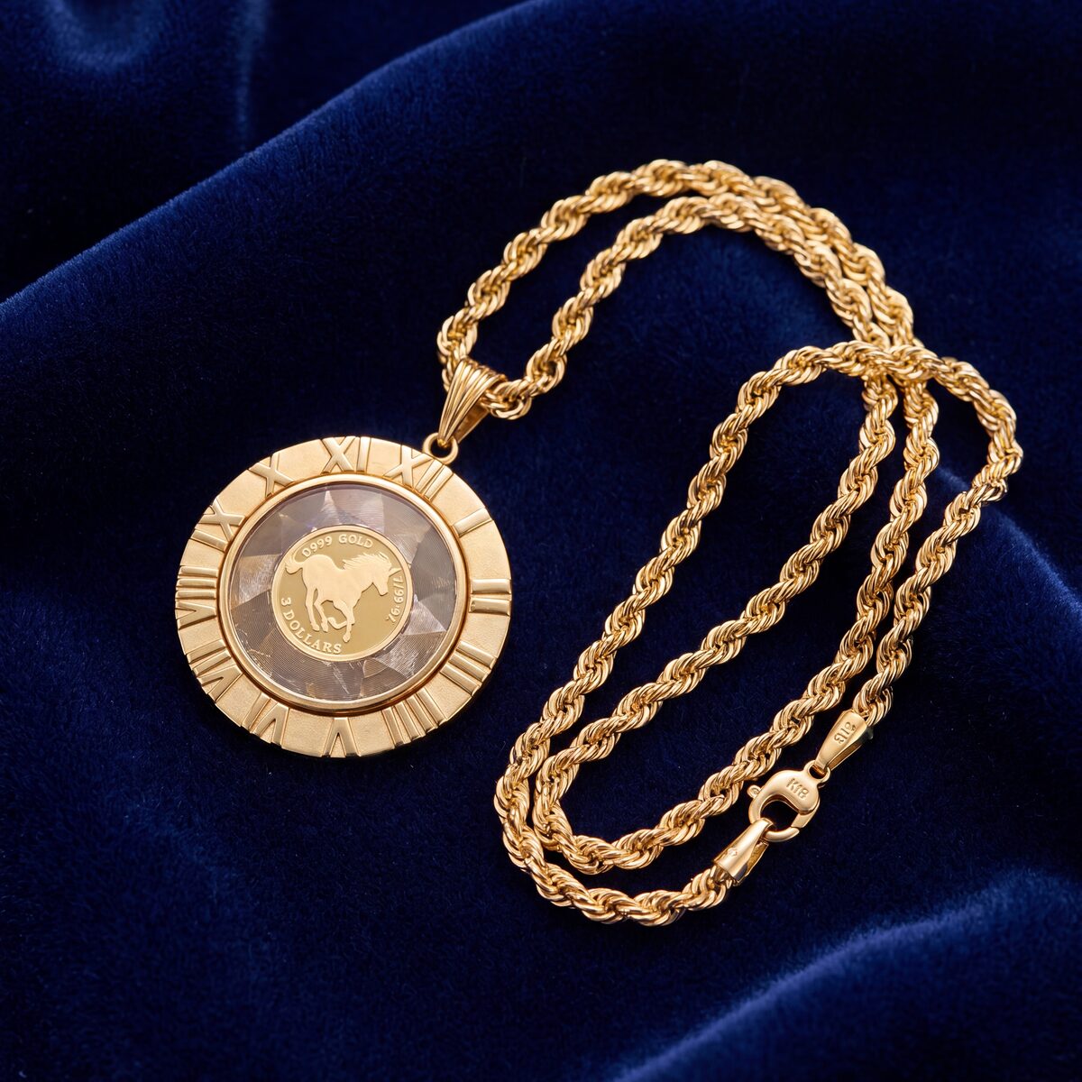 Tuvalu Horse Gold Coin Roman Numeral Pendant Necklace — photograph 5