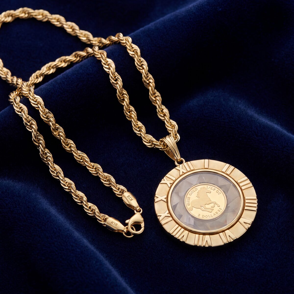 Tuvalu Horse Gold Coin Roman Numeral Pendant Necklace — photograph 6