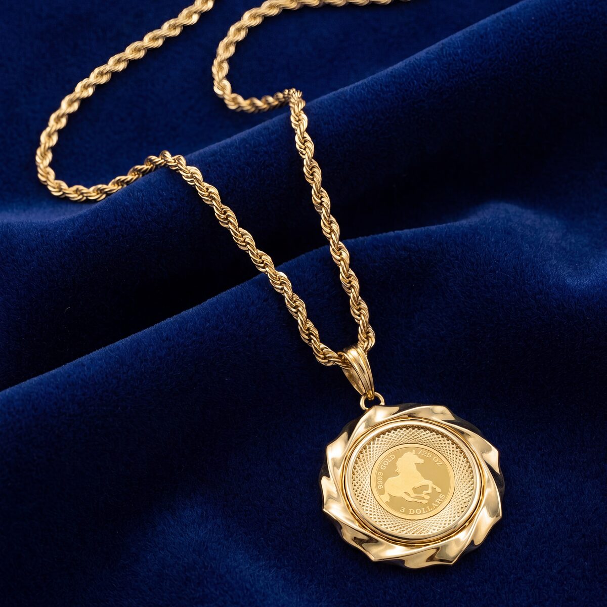 Tuvalu Horse Gold Coin Swirl Pendant Necklace — photograph 2