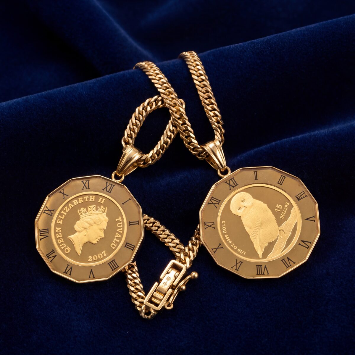 Tuvalu Owl Gold Coin Pendant Necklace — photograph 1