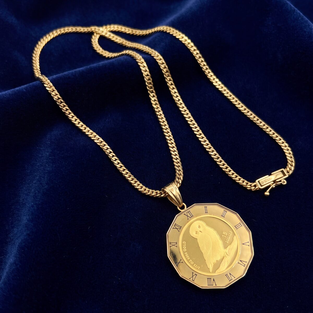 Tuvalu Owl Gold Coin Pendant Necklace — photograph 3
