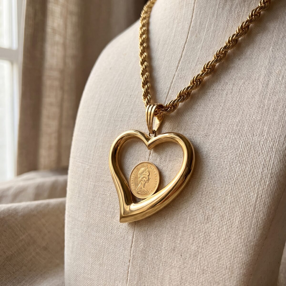 Open Heart Coin Pendant Rope Chain — photograph 1
