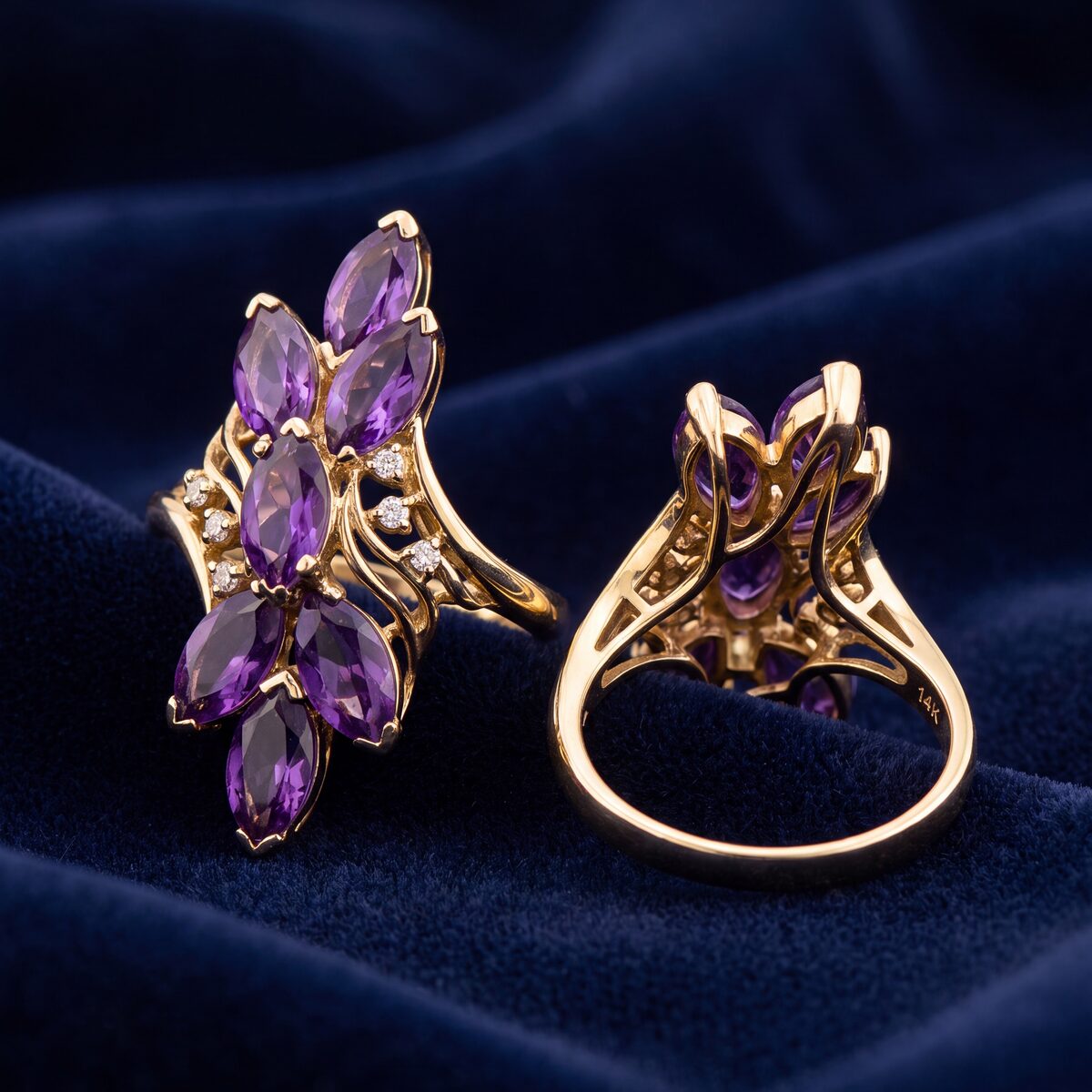 Amethyst Marquise Spray Cluster Diamond Ring — photograph 1