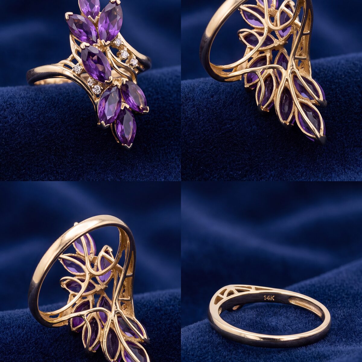Amethyst Marquise Spray Cluster Diamond Ring — photograph 2
